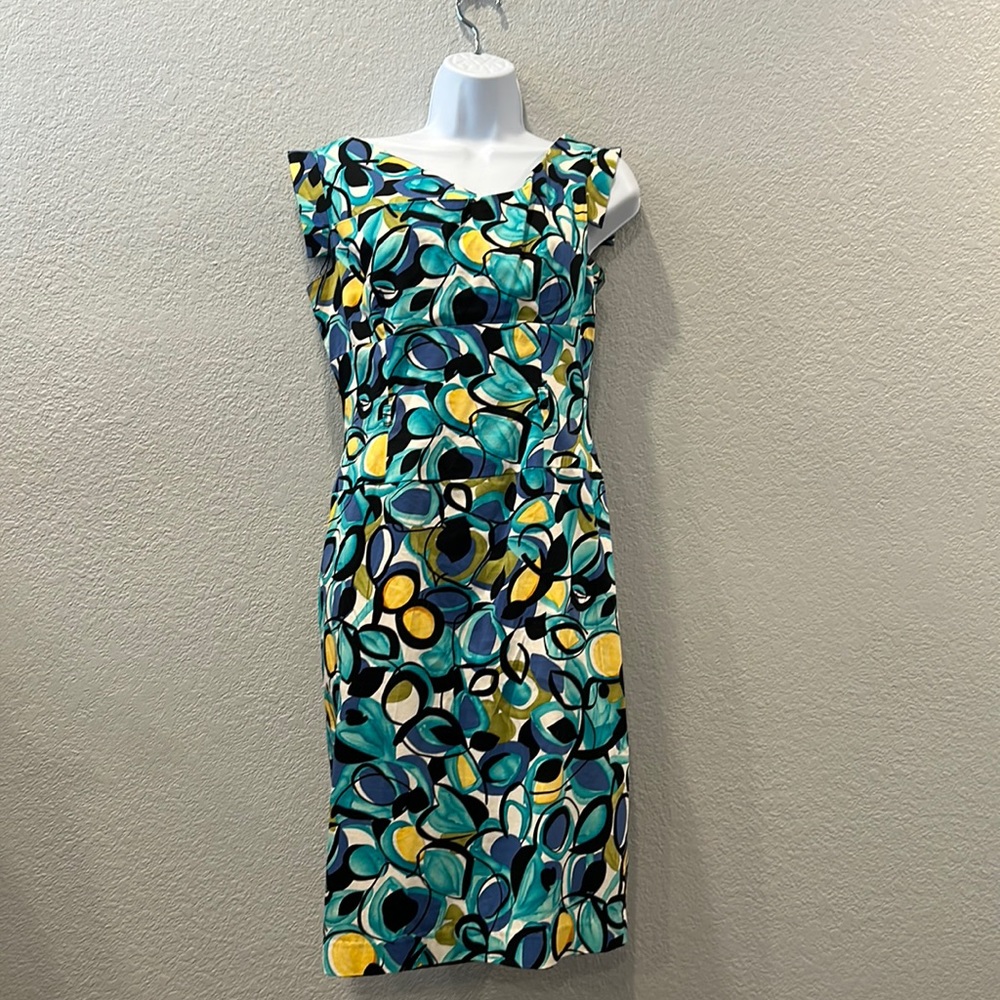Adrianna Papell Multicolor Teal Blue Yellow Printed Sheath Dress